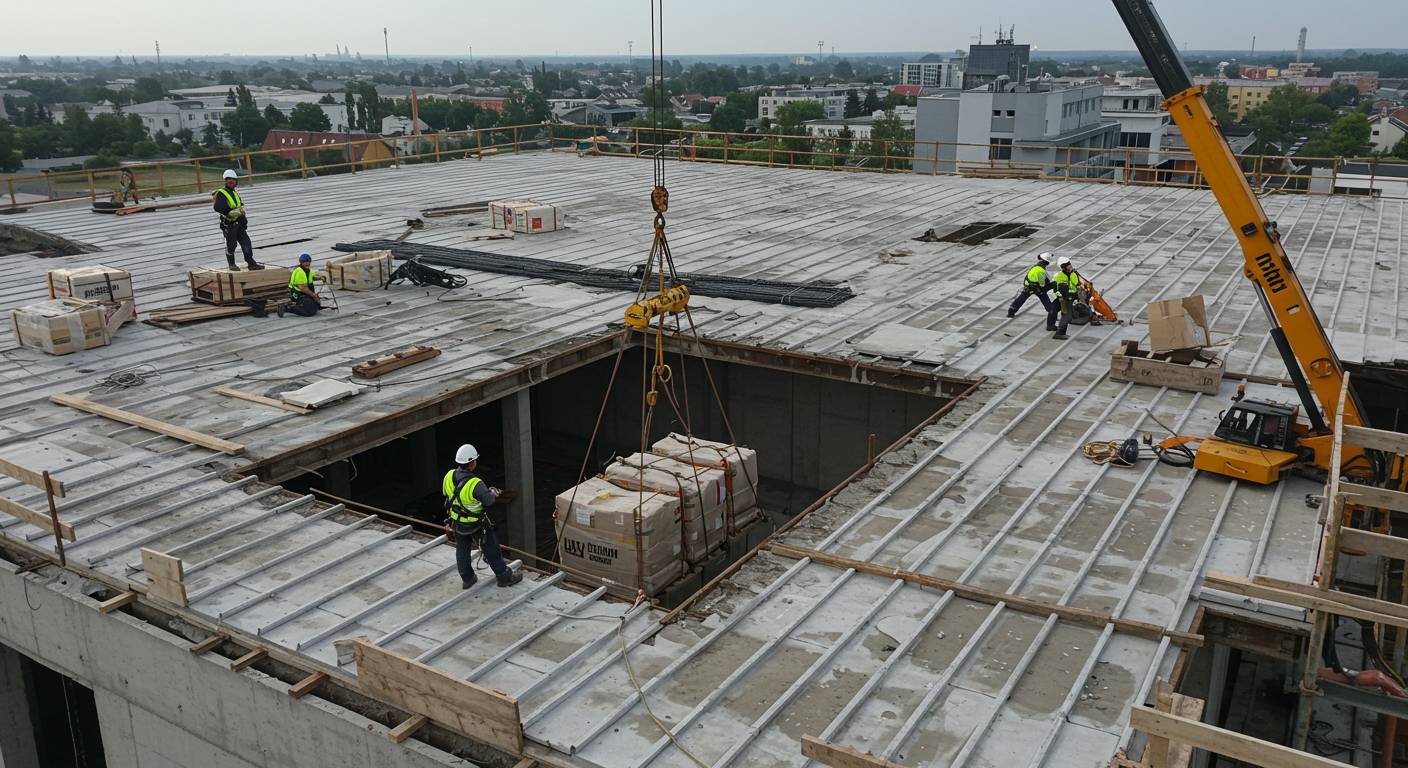 Разгрузка через крышу здания с использованием крана